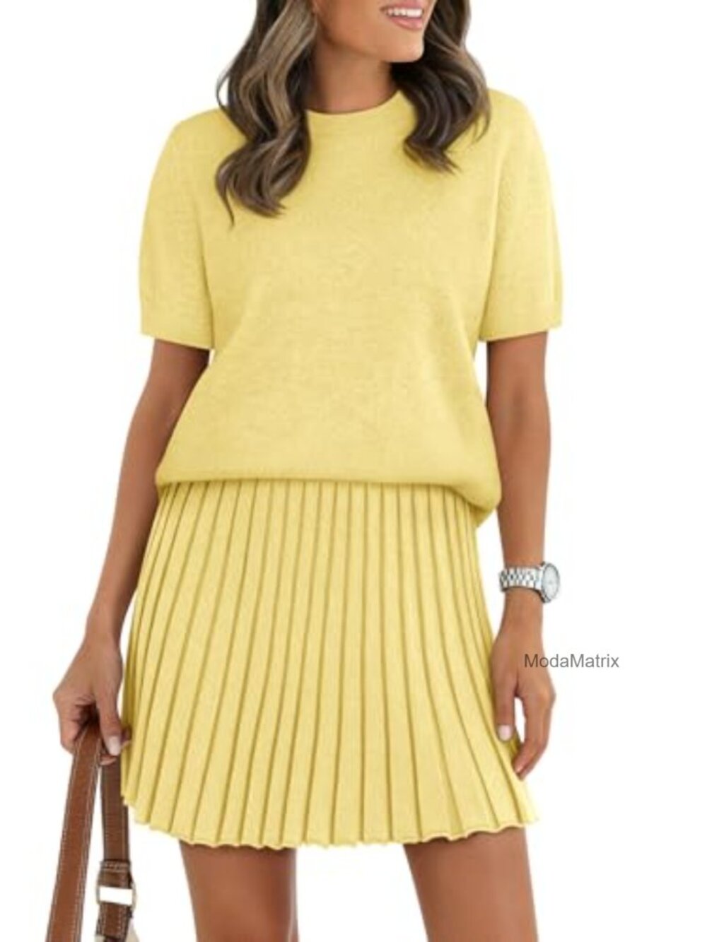 2 Piece Short Sleeve Knit Sweater Top & Pleated Mini Skirt Set Women's Matching
